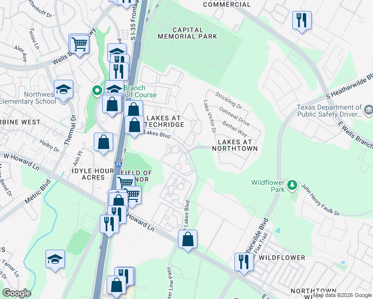 map of restaurants, bars, coffee shops, grocery stores, and more near The Lakes Boulevard in Pflugerville