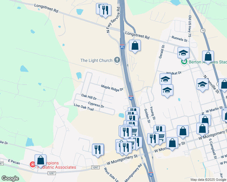 map of restaurants, bars, coffee shops, grocery stores, and more near 9521 Maple Ridge Drive in Willis
