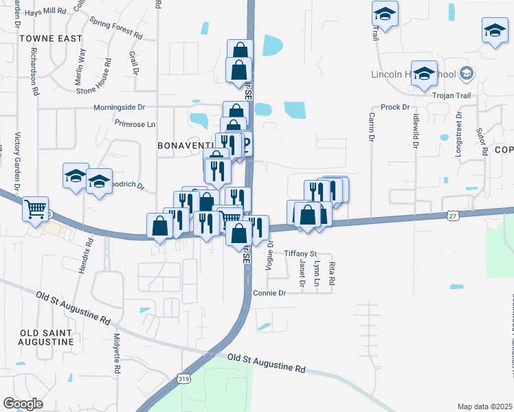 map of restaurants, bars, coffee shops, grocery stores, and more near 3100 Apalachee Parkway in Tallahassee