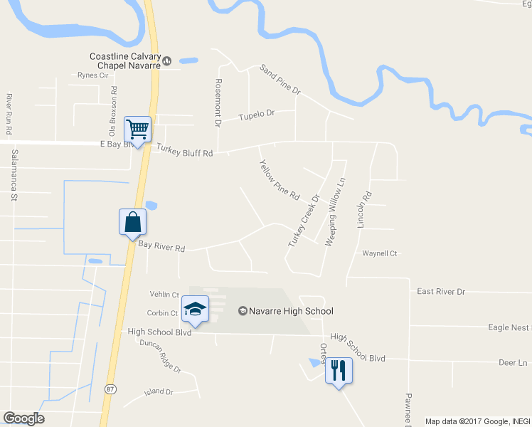 map of restaurants, bars, coffee shops, grocery stores, and more near 8676 Bay River Road in Navarre
