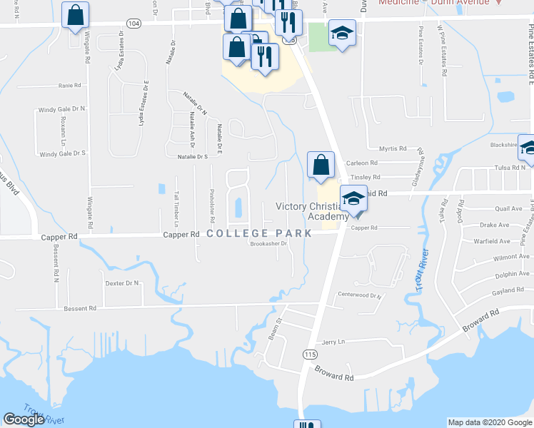 map of restaurants, bars, coffee shops, grocery stores, and more near 10669 Academy Park Drive in Jacksonville