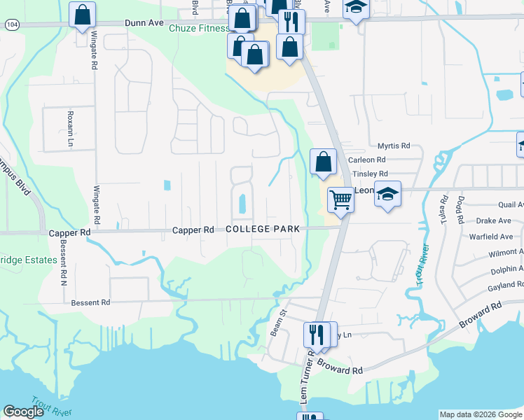 map of restaurants, bars, coffee shops, grocery stores, and more near 10697 Academy Park Drive in Jacksonville