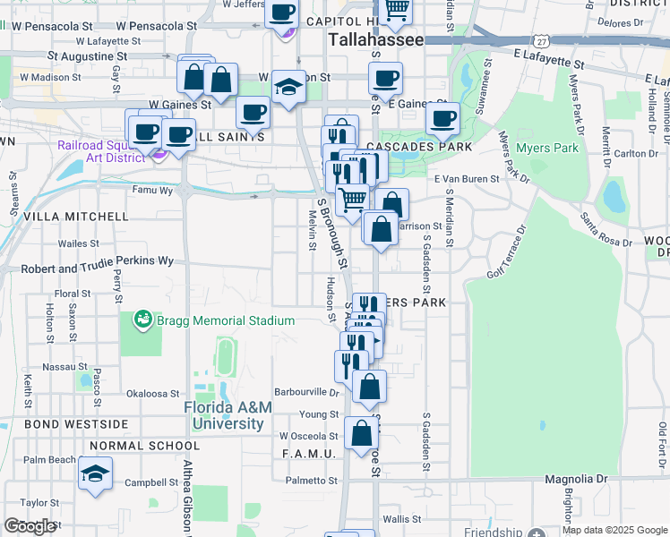 map of restaurants, bars, coffee shops, grocery stores, and more near 1431 South Adams Street in Tallahassee