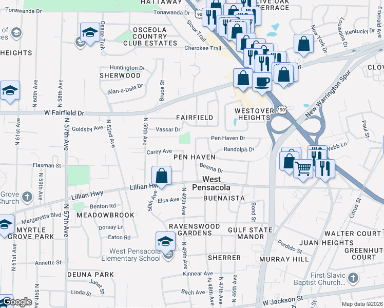map of restaurants, bars, coffee shops, grocery stores, and more near 1416 North 49th Avenue in Pensacola