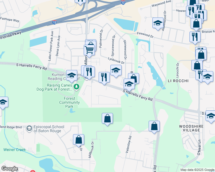 map of restaurants, bars, coffee shops, grocery stores, and more near 605 South Harrells Ferry Road in Baton Rouge