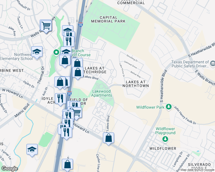 map of restaurants, bars, coffee shops, grocery stores, and more near The Lakes Boulevard in Pflugerville