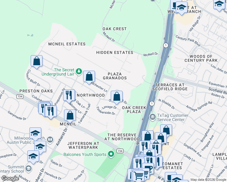 map of restaurants, bars, coffee shops, grocery stores, and more near 12916 Pegasus Street in Austin