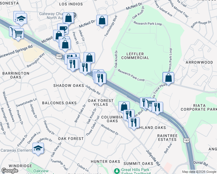 map of restaurants, bars, coffee shops, grocery stores, and more near 12508 Research Boulevard in Austin