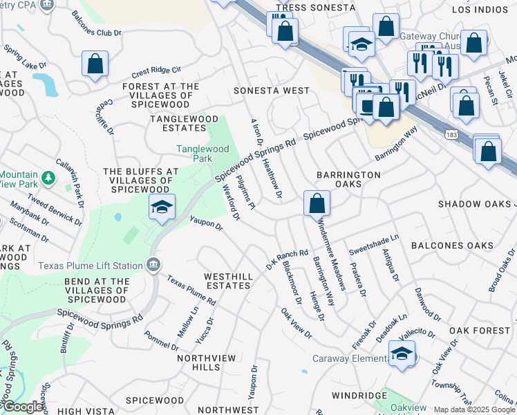 map of restaurants, bars, coffee shops, grocery stores, and more near 8200 Pilgrims Place in Austin