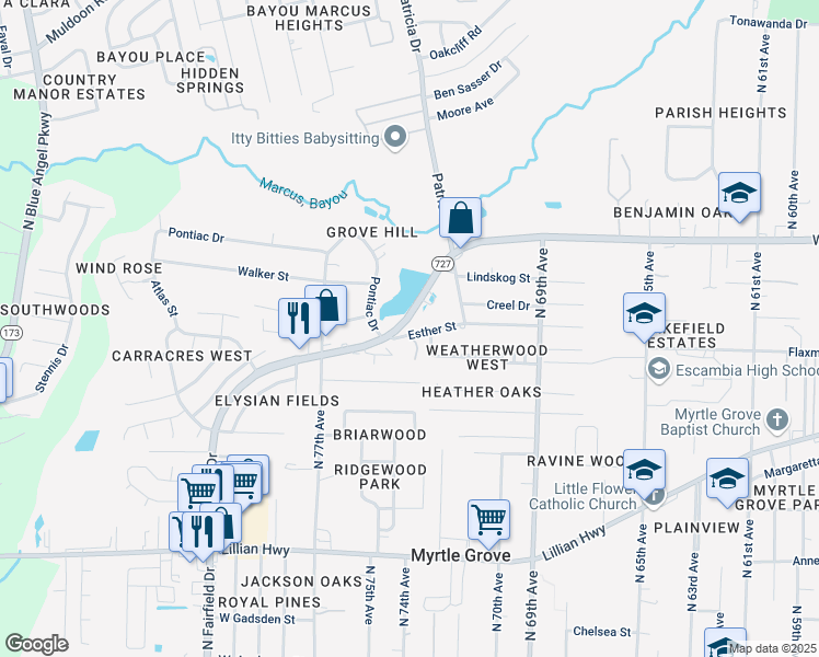 map of restaurants, bars, coffee shops, grocery stores, and more near 7390 Esther Street in Pensacola