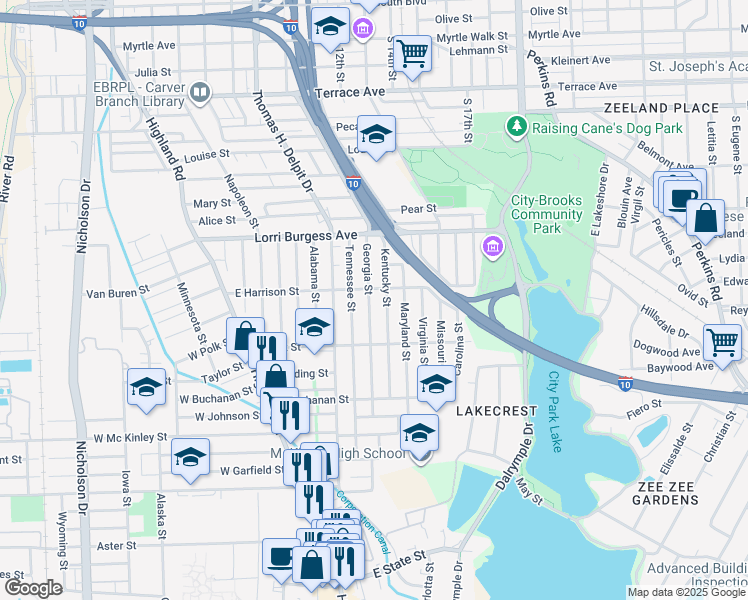 map of restaurants, bars, coffee shops, grocery stores, and more near 838 North Boulevard in Baton Rouge