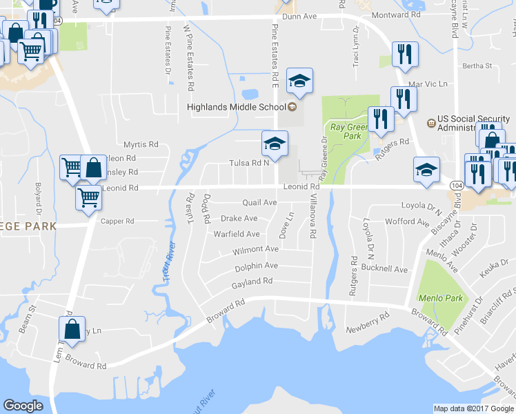 map of restaurants, bars, coffee shops, grocery stores, and more near 2434 Quail Avenue in Jacksonville