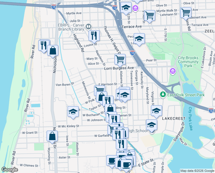 map of restaurants, bars, coffee shops, grocery stores, and more near 311 East Washington Street in Baton Rouge