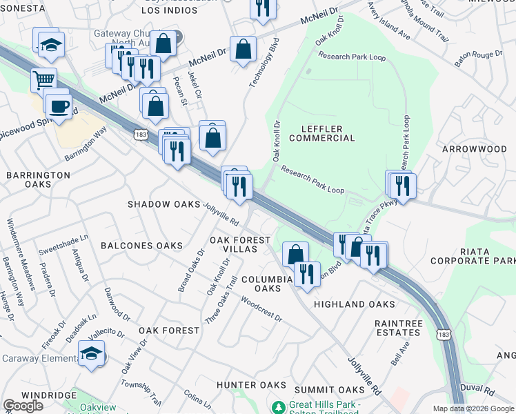 map of restaurants, bars, coffee shops, grocery stores, and more near 12508 Research Boulevard in Austin