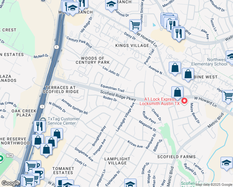 map of restaurants, bars, coffee shops, grocery stores, and more near Scofield Ridge Parkway in Austin