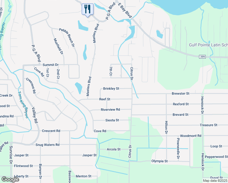 map of restaurants, bars, coffee shops, grocery stores, and more near 7213 Brinkley Street in Navarre