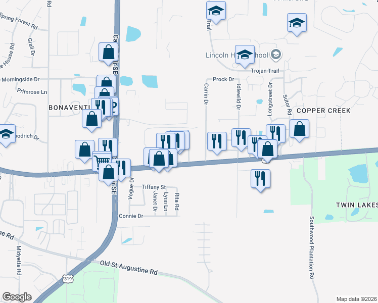 map of restaurants, bars, coffee shops, grocery stores, and more near 1200 Big Oak Street in Tallahassee