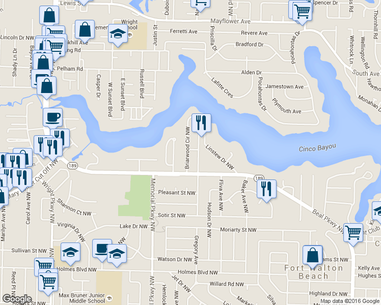 map of restaurants, bars, coffee shops, grocery stores, and more near 511 Briarwood Circle Northwest in Fort Walton Beach
