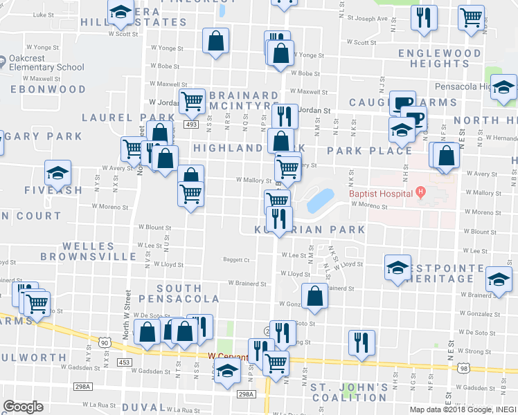 map of restaurants, bars, coffee shops, grocery stores, and more near 1600 North P Street in Pensacola