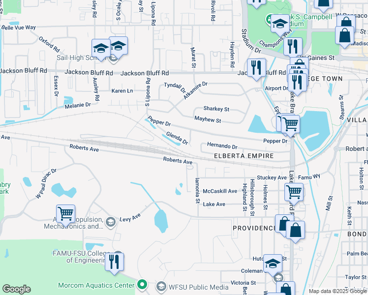 map of restaurants, bars, coffee shops, grocery stores, and more near 1419 Glenda Drive in Tallahassee