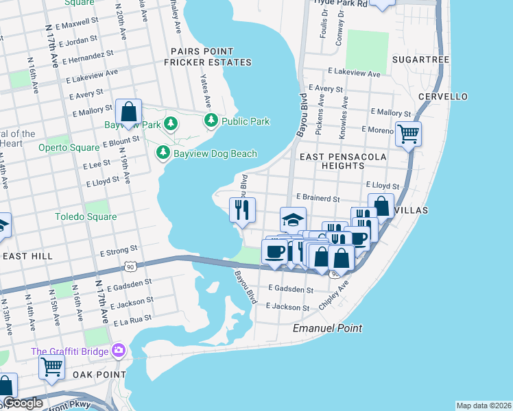 map of restaurants, bars, coffee shops, grocery stores, and more near 718 Bayou Boulevard in Pensacola