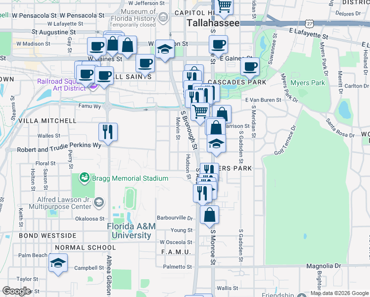 map of restaurants, bars, coffee shops, grocery stores, and more near 1437 Melvin Street in Tallahassee