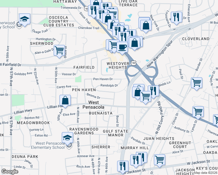map of restaurants, bars, coffee shops, grocery stores, and more near 21 Randolph Drive in Pensacola