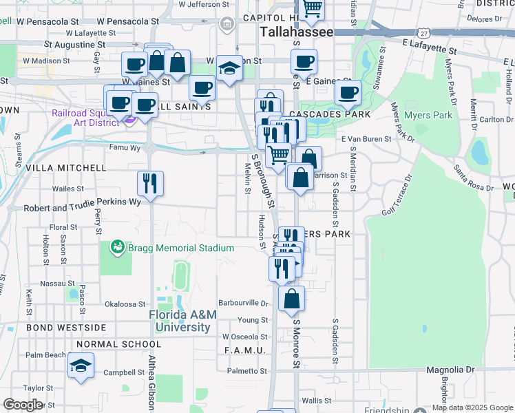 map of restaurants, bars, coffee shops, grocery stores, and more near 1446 Hudson Street in Tallahassee