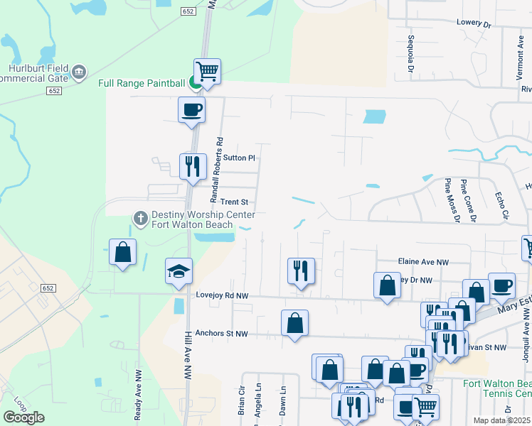 map of restaurants, bars, coffee shops, grocery stores, and more near 1650 Peter Court in Fort Walton Beach