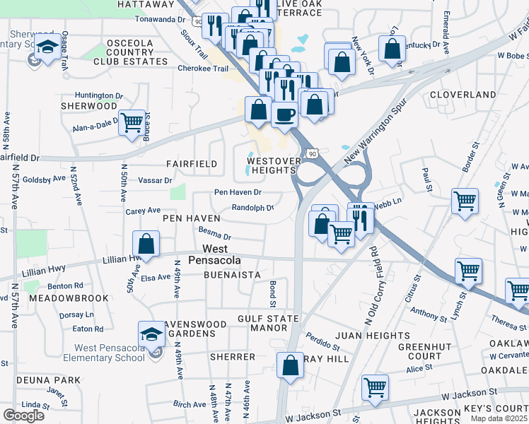 map of restaurants, bars, coffee shops, grocery stores, and more near 29 Randolph Drive in Pensacola