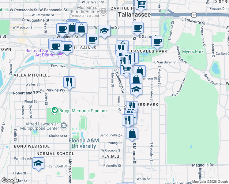 map of restaurants, bars, coffee shops, grocery stores, and more near 1443 Melvin Street in Tallahassee