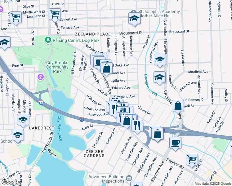 map of restaurants, bars, coffee shops, grocery stores, and more near 2639 Reymond Avenue in Baton Rouge