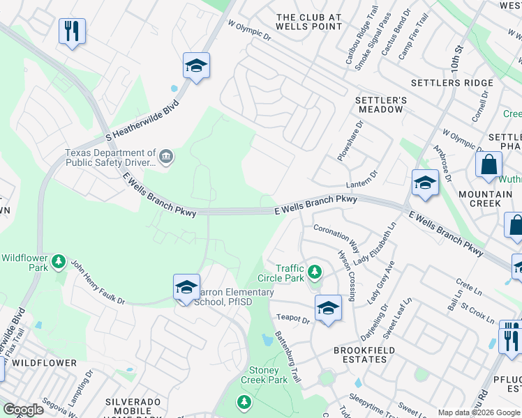 map of restaurants, bars, coffee shops, grocery stores, and more near 430 Wells Branch Parkway in Pflugerville