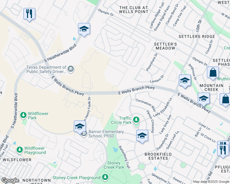map of restaurants, bars, coffee shops, grocery stores, and more near 15020 Sassafras Trail in Pflugerville
