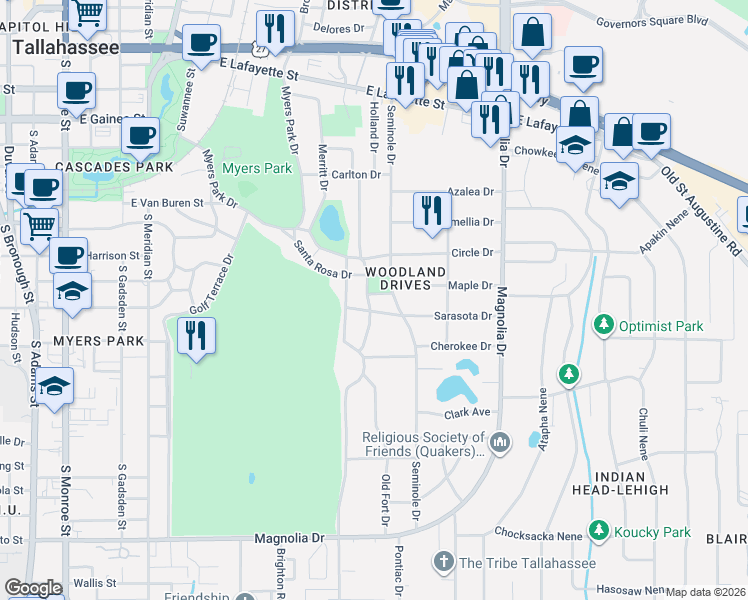 map of restaurants, bars, coffee shops, grocery stores, and more near 1412 Seminole Drive in Tallahassee