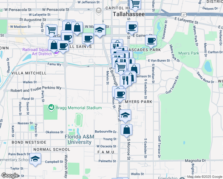 map of restaurants, bars, coffee shops, grocery stores, and more near 1437 Melvin Street in Tallahassee