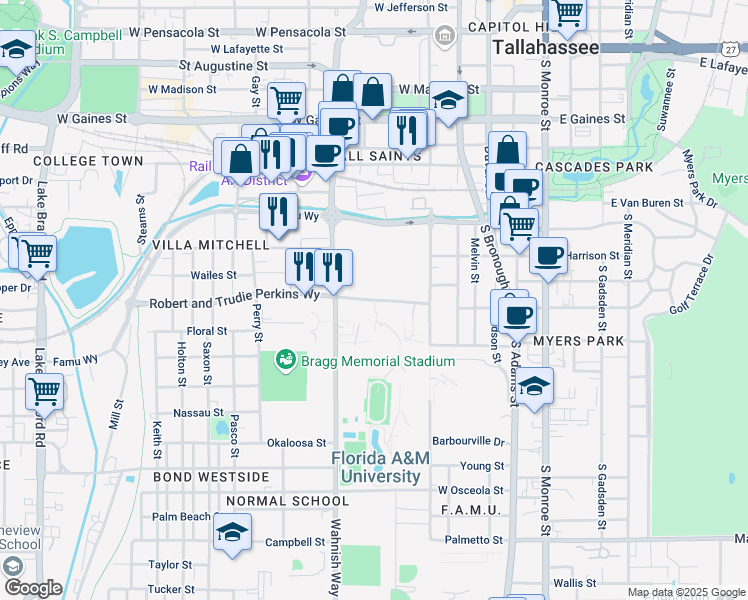 map of restaurants, bars, coffee shops, grocery stores, and more near 500 Gamble Street in Tallahassee