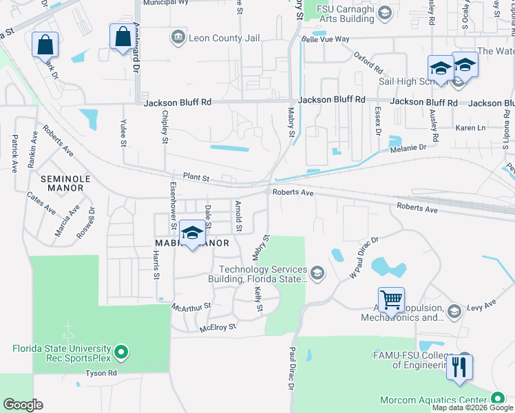 map of restaurants, bars, coffee shops, grocery stores, and more near 2600 Ridgeway Street in Tallahassee