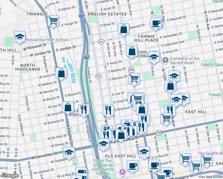 map of restaurants, bars, coffee shops, grocery stores, and more near 1421 North 6th Avenue in Pensacola