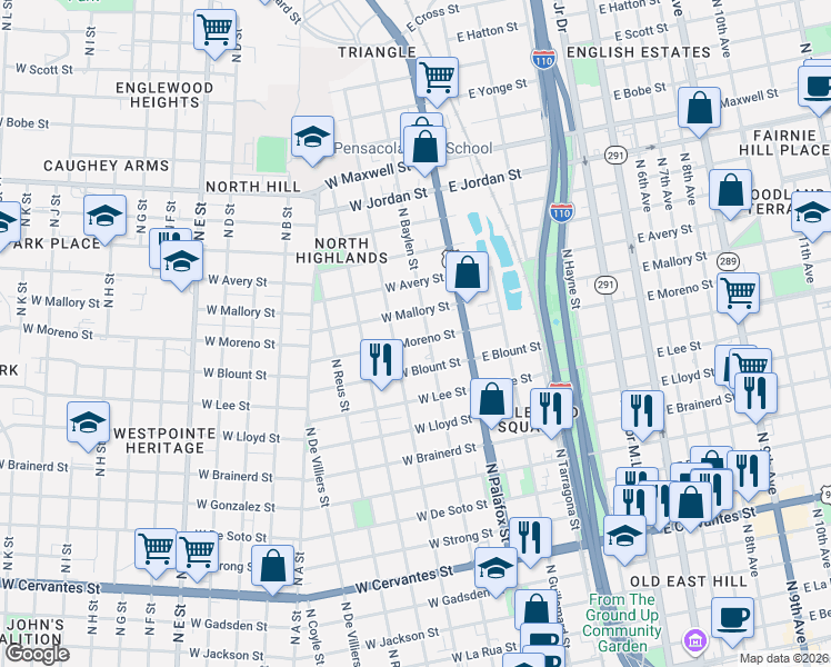 map of restaurants, bars, coffee shops, grocery stores, and more near 1604 North Baylen Street in Pensacola