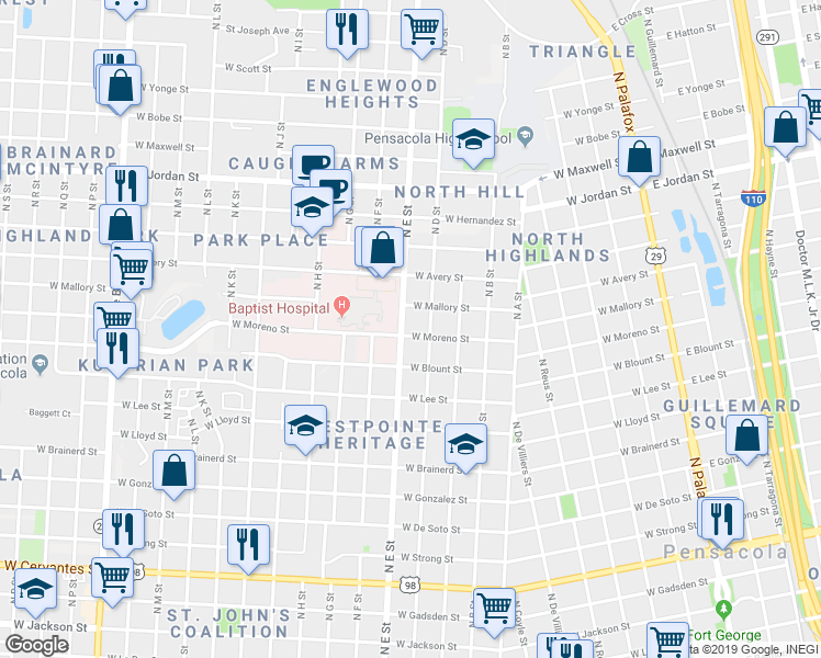 map of restaurants, bars, coffee shops, grocery stores, and more near 840 West Moreno Street in Pensacola