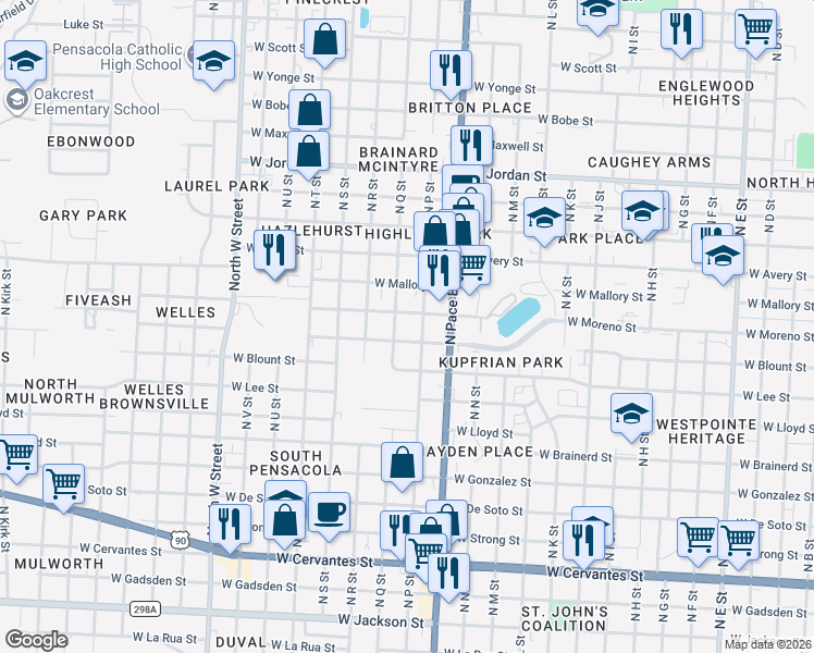 map of restaurants, bars, coffee shops, grocery stores, and more near 1611 North Q Street in Pensacola