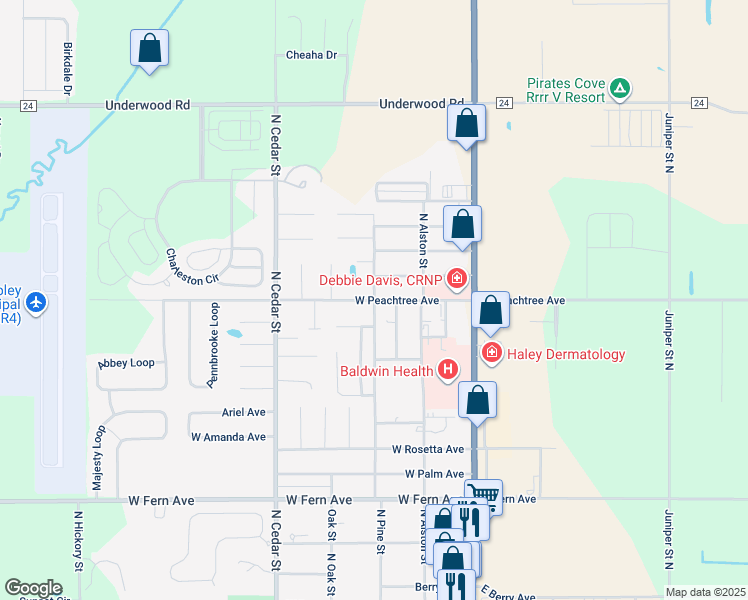 map of restaurants, bars, coffee shops, grocery stores, and more near 300 West Peachtree Avenue in Foley