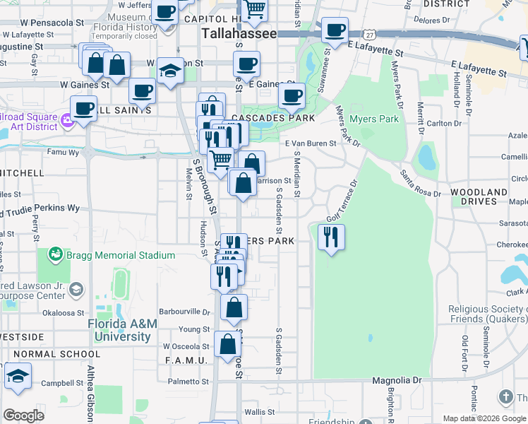 map of restaurants, bars, coffee shops, grocery stores, and more near 244 East Jennings Street in Tallahassee
