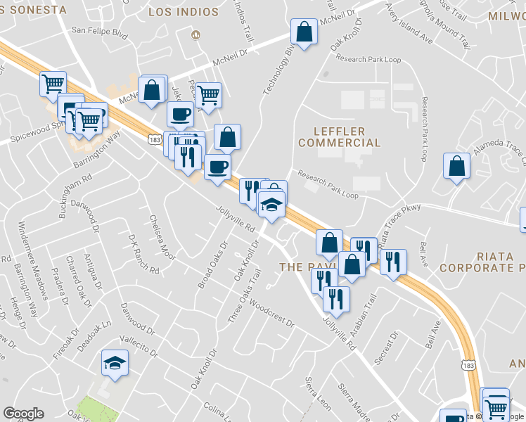 map of restaurants, bars, coffee shops, grocery stores, and more near 12508 Research Boulevard in Austin