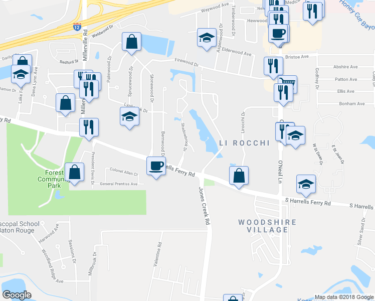 map of restaurants, bars, coffee shops, grocery stores, and more near 2510 Berrybrook Drive in Baton Rouge