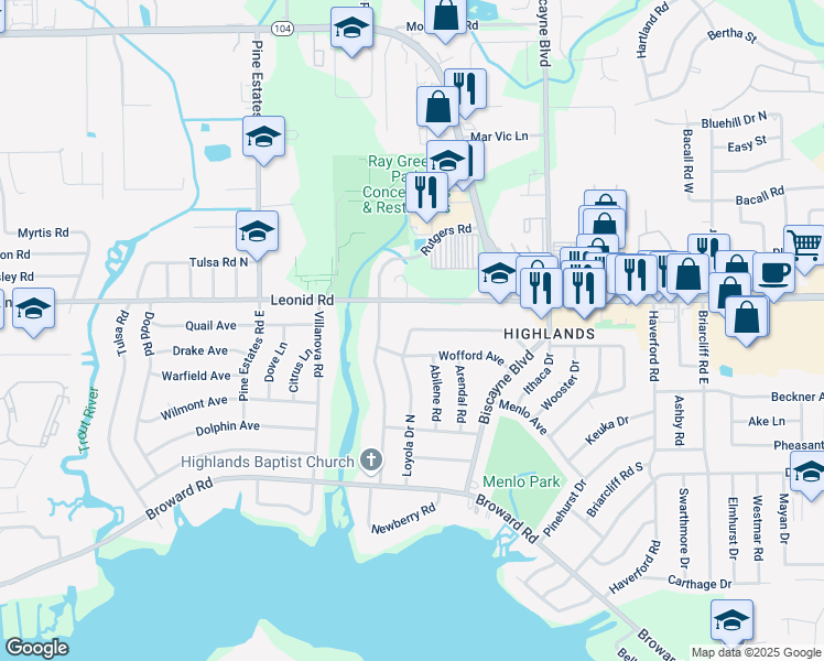 map of restaurants, bars, coffee shops, grocery stores, and more near 1848 Loyola Drive North in Jacksonville