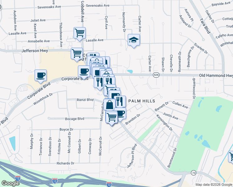 map of restaurants, bars, coffee shops, grocery stores, and more near 2331 Dove Hollow Drive in Baton Rouge