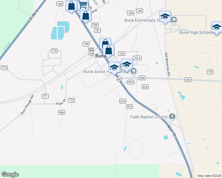 map of restaurants, bars, coffee shops, grocery stores, and more near 168 County Road 815 in Buna