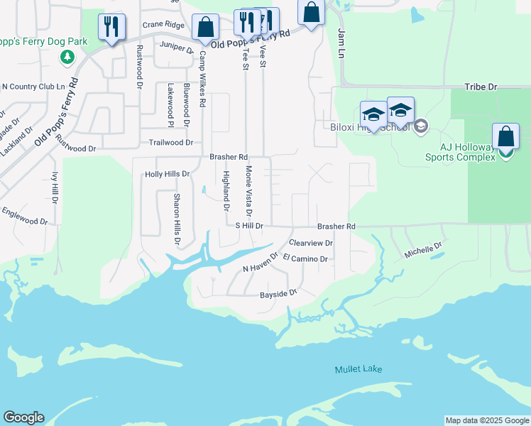 map of restaurants, bars, coffee shops, grocery stores, and more near 2005 Brasher Road in Biloxi